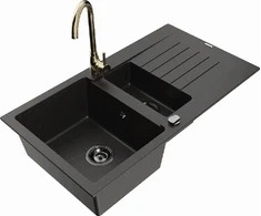 Granitinė virtuvinė plautuvė Mexen Matias su maišytuvu ir sifonu, Metallic juodas/auksinis+Gold