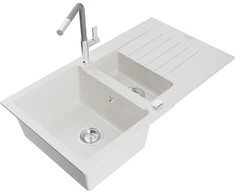 Granitinė virtuvinė plautuvė Mexen Matias su maišytuvu ir sifonu, Baltas+Pilkas/Chrome