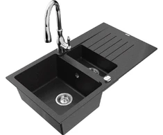Granitinė virtuvinė plautuvė Mexen Matias su maišytuvu ir sifonu, Metallic juodas/sidabrinis+Chrome