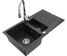Granitinė virtuvinė plautuvė Mexen Matias su maišytuvu ir sifonu, Metallic juodas/auksinis+Chrome
