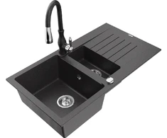 Granitinė virtuvinė plautuvė Mexen Matias su maišytuvu ir sifonu, Juodas granite+Juodas