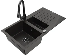 Granitinė virtuvinė plautuvė Mexen Matias su maišytuvu ir sifonu, Metallic juodas/auksinis+Juodas