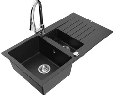 Granitinė virtuvinė plautuvė Mexen Matias su maišytuvu ir sifonu, Metallic juodas/sidabrinis+Chrome
