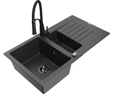 Granitinė virtuvinė plautuvė Mexen Matias su maišytuvu ir sifonu, Juodas granite+Juodas