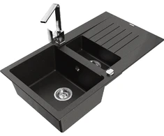 Granitinė virtuvinė plautuvė Mexen Matias su maišytuvu ir sifonu, Metallic juodas/auksinis+Chrome