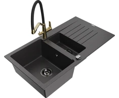 Granitinė virtuvinė plautuvė Mexen Matias su maišytuvu ir sifonu, Juodas granite+Juodas/Gold