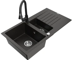 Granitinė virtuvinė plautuvė Mexen Matias su maišytuvu ir sifonu, Metallic juodas/auksinis+Juodas