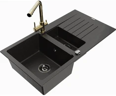 Granitinė virtuvinė plautuvė Mexen Matias su maišytuvu ir sifonu, Metallic juodas/auksinis+Gold