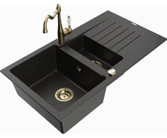Granitinė virtuvinė plautuvė Mexen Matias su maišytuvu ir sifonu, Metallic juodas/auksinis+Gold