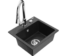 Granitinė virtuvinė plautuvė Mexen Milo su maišytuvu ir sifonu, Metallic juodas/sidabrinis+Chrome