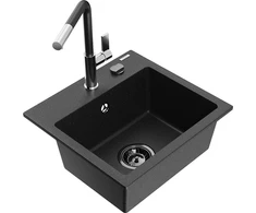 Granitinė virtuvinė plautuvė Mexen Milo su maišytuvu ir sifonu, Metallic juodas/sidabrinis+Juodas/Chrome