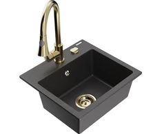 Granitinė virtuvinė plautuvė Mexen Milo su maišytuvu ir sifonu, Juodas granite+Gold