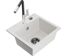Granitinė virtuvinė plautuvė Mexen Milo su maišytuvu ir sifonu, Baltas+Juodas/Chrome