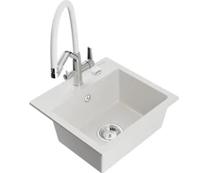 Granitinė virtuvinė plautuvė Mexen Milo su maišytuvu ir sifonu, Baltas+Baltas/Chrome