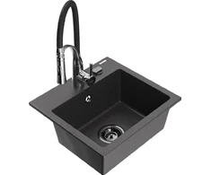 Granitinė virtuvinė plautuvė Mexen Milo su maišytuvu ir sifonu, Juodas granite+Juodas/Chrome