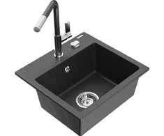 Granitinė virtuvinė plautuvė Mexen Milo su maišytuvu ir sifonu, Juodas granite+Chrome/Juodas granite