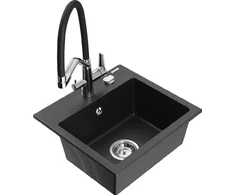 Granitinė virtuvinė plautuvė Mexen Milo su maišytuvu ir sifonu, Metallic juodas/sidabrinis+Juodas/Chrome