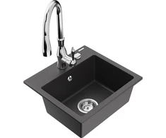 Granitinė virtuvinė plautuvė Mexen Milo su maišytuvu ir sifonu, Juodas granite+Chrome