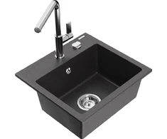 Granitinė virtuvinė plautuvė Mexen Milo su maišytuvu ir sifonu, Juodas granite+Chrome