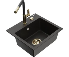 Granitinė virtuvinė plautuvė Mexen Milo su maišytuvu ir sifonu, Metallic juodas/auksinis+Juodas/Gold