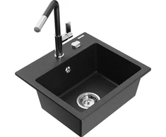 Granitinė virtuvinė plautuvė Mexen Milo su maišytuvu ir sifonu, Metallic juodas/sidabrinis+Juodas/Chrome