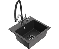 Granitinė virtuvinė plautuvė Mexen Milo su maišytuvu ir sifonu, Juodas granite+Juodas/Chrome