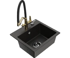 Granitinė virtuvinė plautuvė Mexen Milo su maišytuvu ir sifonu, Metallic juodas/auksinis+Juodas/Gold