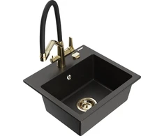 Granitinė virtuvinė plautuvė Mexen Milo su maišytuvu ir sifonu, Metallic juodas/auksinis+Juodas/Gold