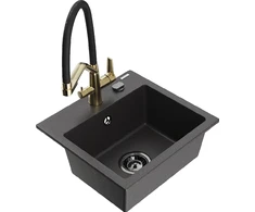 Granitinė virtuvinė plautuvė Mexen Milo su maišytuvu ir sifonu, Juodas granite+Juodas/Gold
