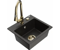 Granitinė virtuvinė plautuvė Mexen Milo su maišytuvu ir sifonu, Metallic juodas/auksinis+Gold