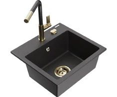 Granitinė virtuvinė plautuvė Mexen Milo su maišytuvu ir sifonu, Juodas granite+Juodas granite/Gold