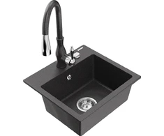 Granitinė virtuvinė plautuvė Mexen Milo su maišytuvu ir sifonu, Juodas granite