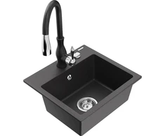 Granitinė virtuvinė plautuvė Mexen Milo su maišytuvu ir sifonu, Juodas granite+Juodas