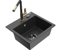 Granitinė virtuvinė plautuvė Mexen Milo su maišytuvu ir sifonu, Juodas granite+Juodas/Gold