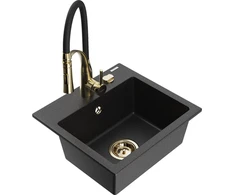 Granitinė virtuvinė plautuvė Mexen Milo su maišytuvu ir sifonu, Metallic juodas/sidabrinis+Juodas/Gold