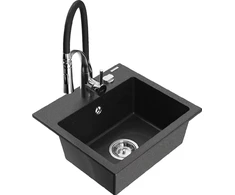 Granitinė virtuvinė plautuvė Mexen Milo su maišytuvu ir sifonu, Metallic juodas/sidabrinis+Juodas/Chrome