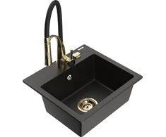 Granitinė virtuvinė plautuvė Mexen Milo su maišytuvu ir sifonu, Metallic juodas/auksinis+Juodas/Gold