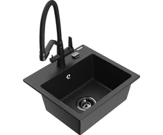 Granitinė virtuvinė plautuvė Mexen Milo su maišytuvu ir sifonu, Metallic juodas/sidabrinis+Juodas