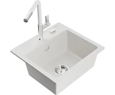 Granitinė virtuvinė plautuvė Mexen Milo su maišytuvu ir sifonu, Baltas+Baltas/Chrome