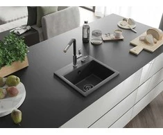 Granitinė virtuvinė plautuvė Mexen Milo su maišytuvu ir sifonu, Juodas granite+Juodas/Chrome