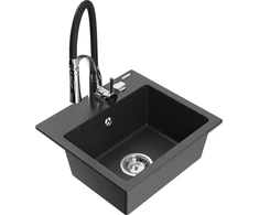 Granitinė virtuvinė plautuvė Mexen Milo su maišytuvu ir sifonu, Juodas granite+Juodas/Chrome