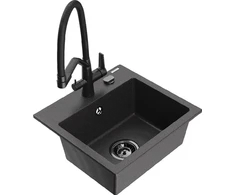 Granitinė virtuvinė plautuvė Mexen Milo su maišytuvu ir sifonu, Juodas granite+Juodas