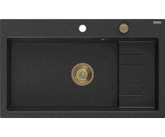 Granitinė virtuvinė plautuvė Mexen Omar su sifonu, Metallic juodas/sidabrinis+Gold, 800 x 480 mm