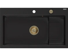 Granitinė virtuvinė plautuvė Mexen Omar su sifonu, Juodas+Gold, 800 x 480 mm