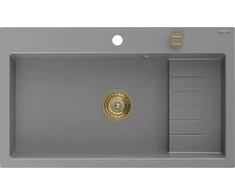 Granitinė virtuvinė plautuvė Mexen Omar su sifonu, Pilkas+Gold, 800 x 480 mm