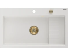 Granitinė virtuvinė plautuvė Mexen Omar su sifonu, Baltas+Gold, 800 x 480 mm