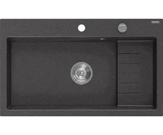 Granitinė virtuvinė plautuvė Mexen Omar su sifonu, Juodas granite+Chrome, 800 x 480 mm