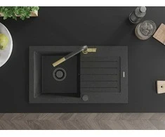 Granitinė virtuvinė plautuvė Mexen Pablo su maišytuvu ir sifonu, Juodas granite+Juodas granite/Gold