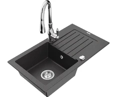 Granitinė virtuvinė plautuvė Mexen Pablo su maišytuvu ir sifonu, Juodas granite+Chrome