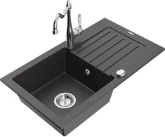 Granitinė virtuvinė plautuvė Mexen Pablo su maišytuvu ir sifonu, Juodas granite+Chrome